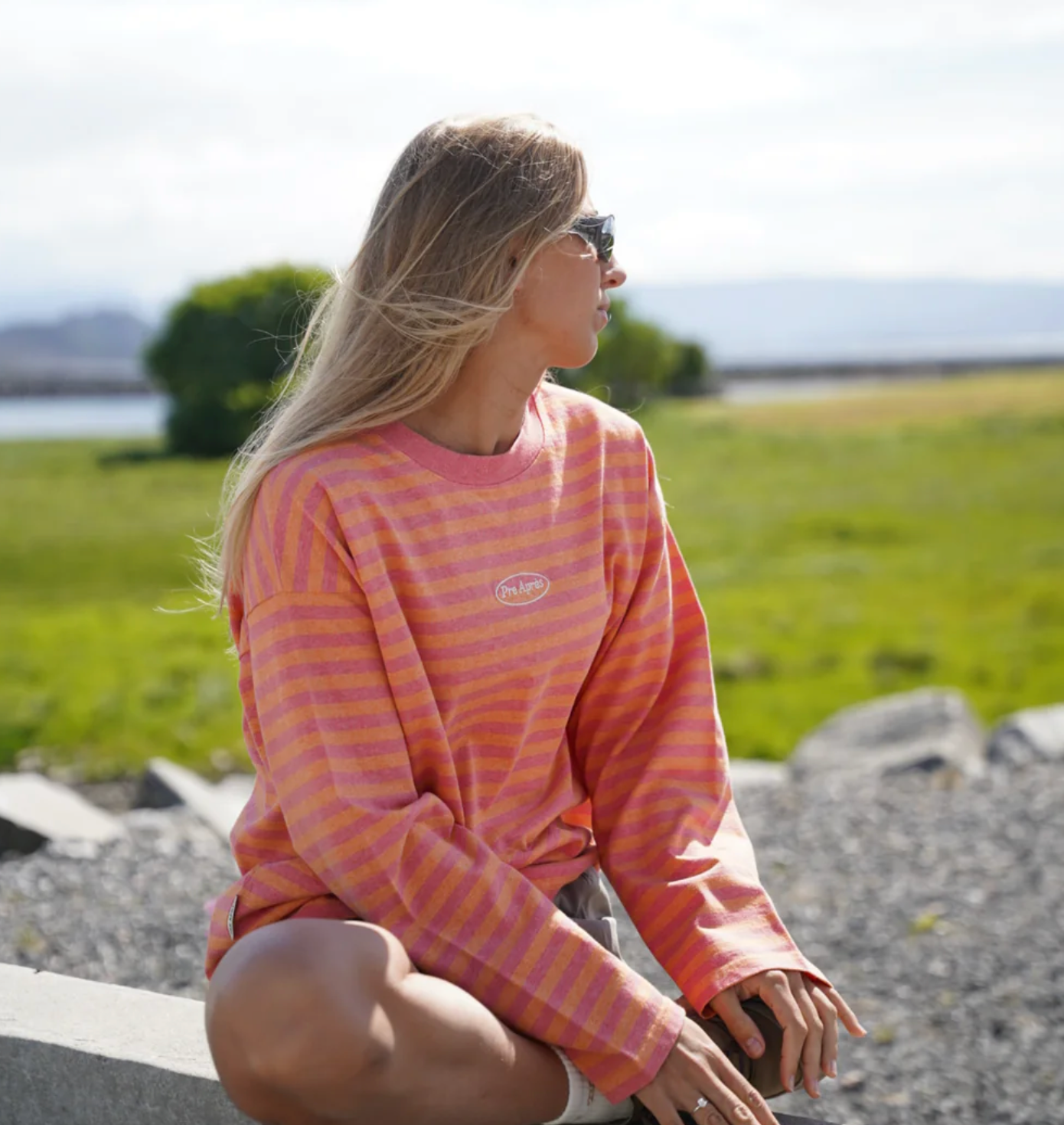 Pre Apres Logo Striped Long Sleeve- Salmon/Orange