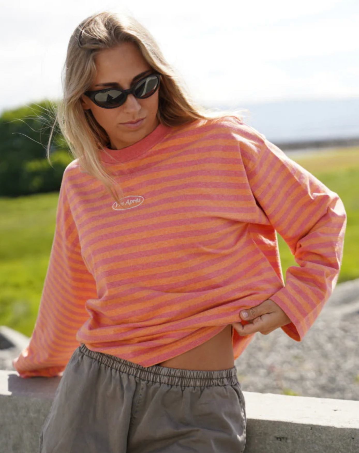 Pre Apres Logo Striped Long Sleeve- Salmon/Orange