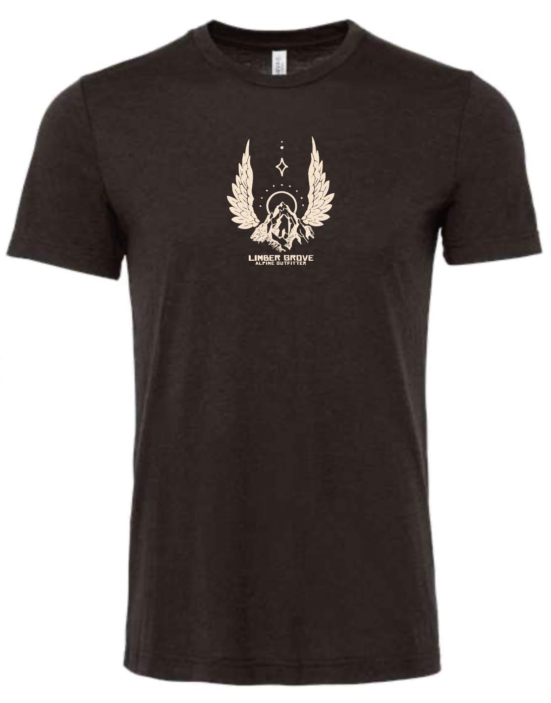 Black t-shirt with a white graphic design of wings and mountains