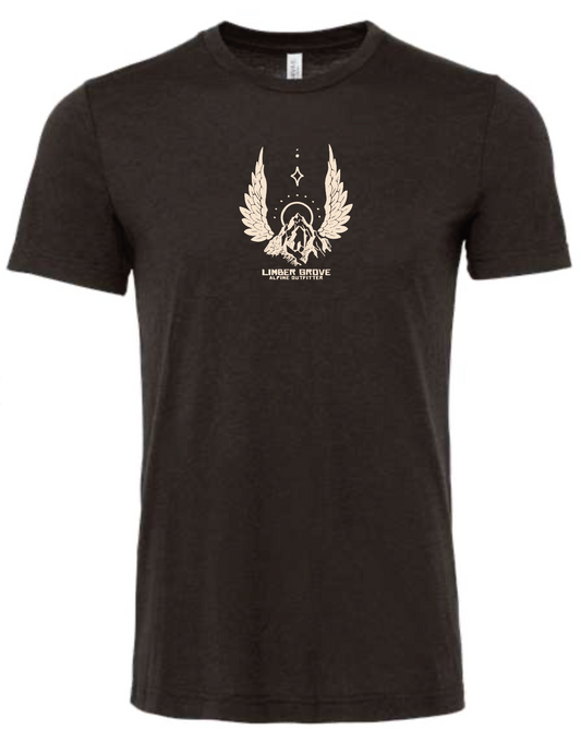 Black t-shirt with a white graphic design of wings and mountains